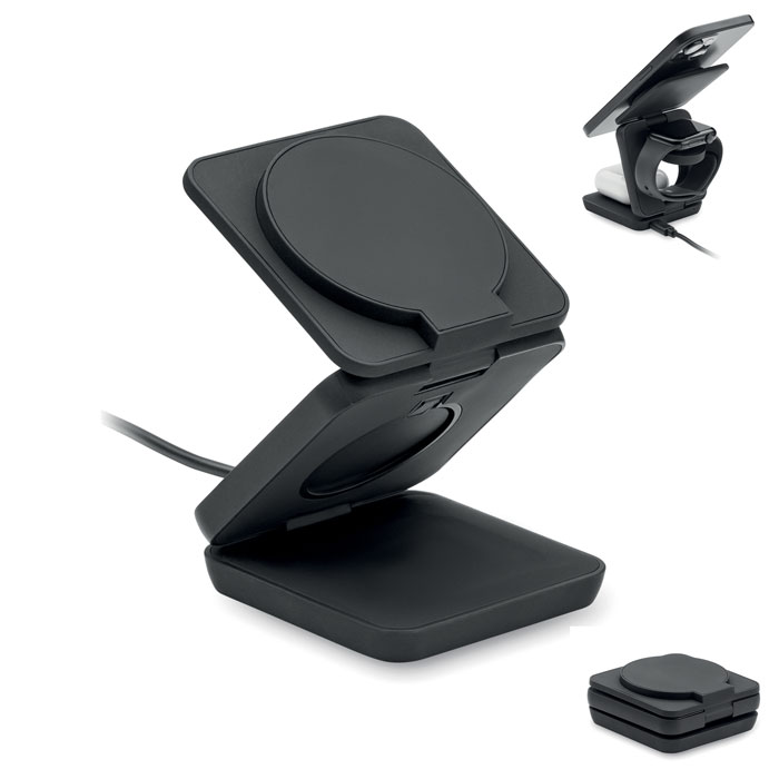 Station de charge 3 en 1 pliable personnalisée NETICA, Noir