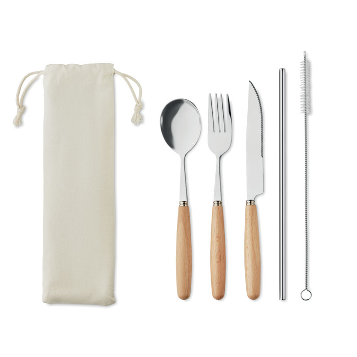 Couverts inox manche hêtre personnalisés CUSTA SET, Beige