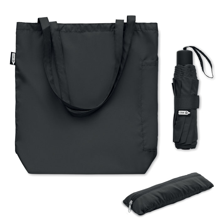 Parapluie pliant RPET avec tote bag personnalisé SEATTLE, Noir