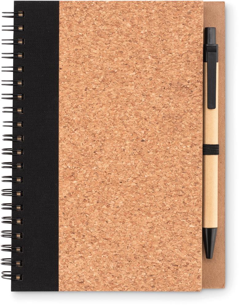 Carnet liège avec stylo personnalisé SONORA PLUSCORK, devant (sérigraphie)