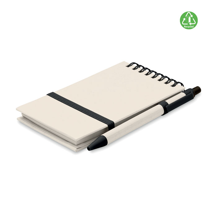 Carnet A6 et stylo carton recyclé personnalisés MITO SET, Noir