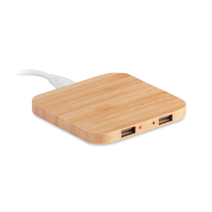 Chargeur sans fil bambou avec hub USB personnalisé CUADRO