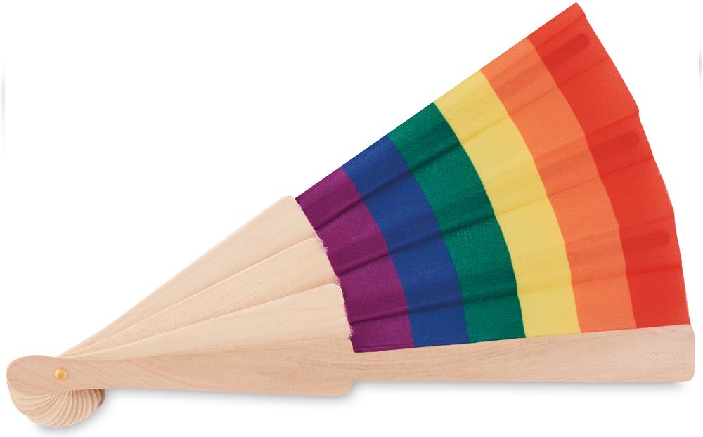 Éventail en bois arc-en-ciel personnalisé BOWFAN, devant (gravure laser) 2