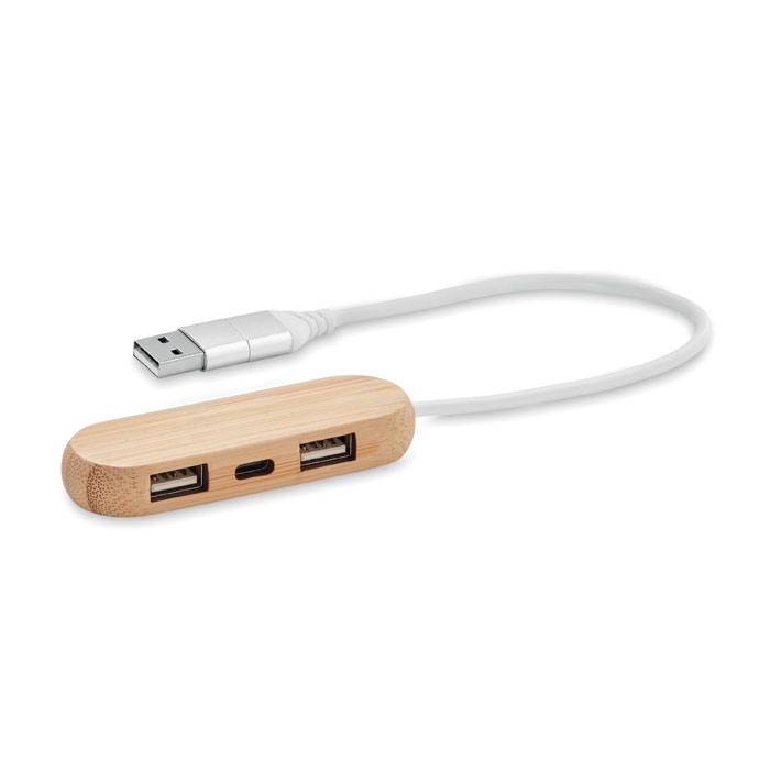 Hub USB 3 ports bambou câble 2 en 1 personnalisé VINA C, Bois