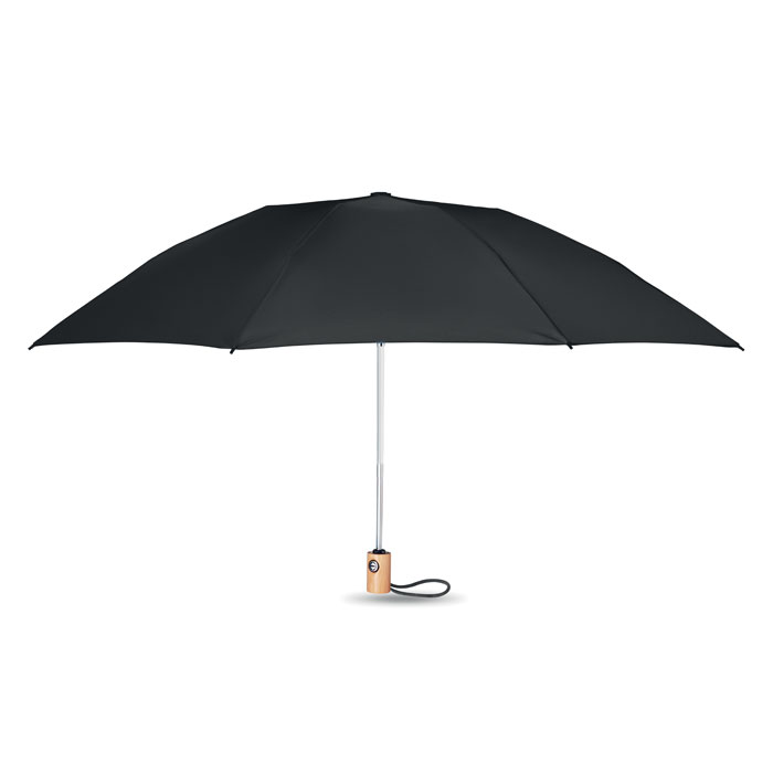 Parapluie pliant RPET poignée bambou personnalisé LEEDS, Noir