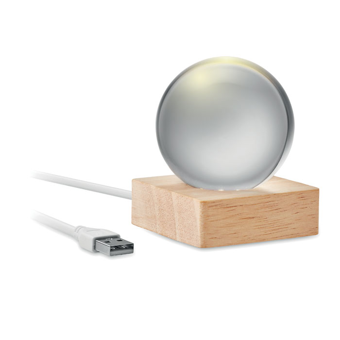 Sphère en verre LED sur socle bois personnalisée LIGHT