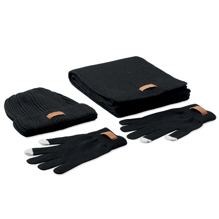 Set bonnet écharpe gants RPET personnalisé DENALI, Noir