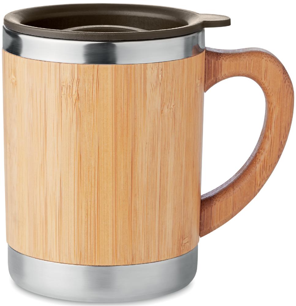 Mug isotherme inox et bambou 300 ml personnalisé MOKKA, droite (tampographie)