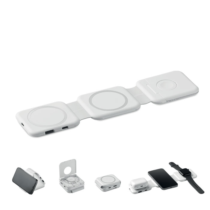 Station de charge pliable 3 en 1 personnalisée ROIS, Blanc