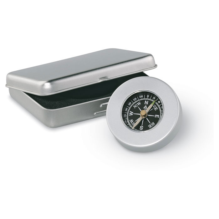Boussole aluminium en boîte métal personnalisée TARGET, Argent Mat