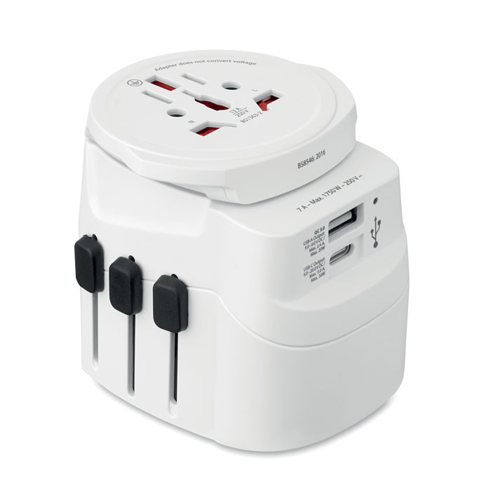Adaptateur 3 pôles personnalisé PRO LIGHT USB AC30 PD, Blanc