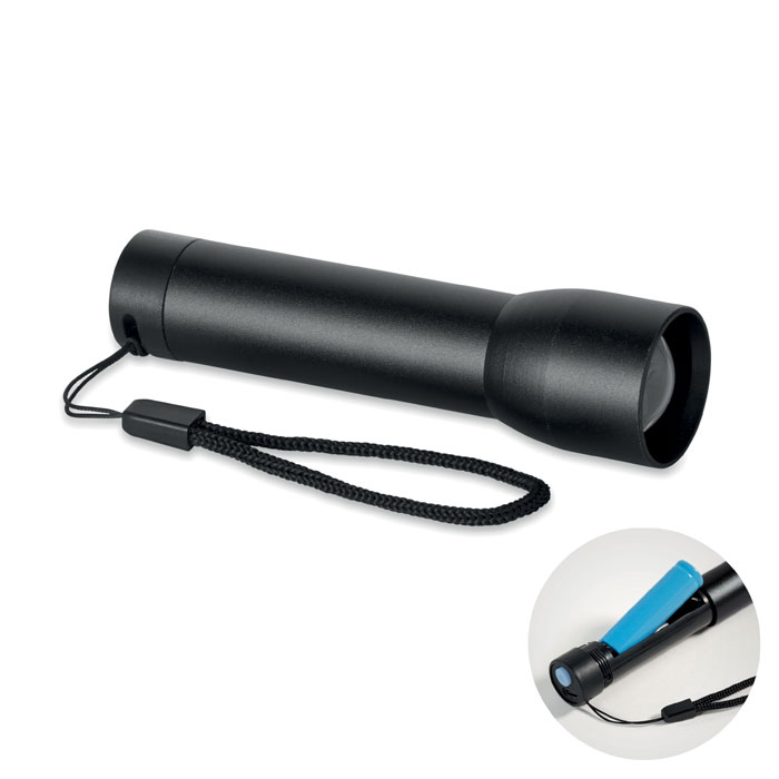 Lampe torche zoom aluminium recyclé personnalisée LUMEZO, Noir
