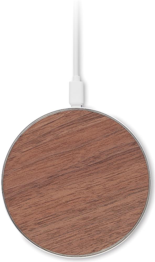 Chargeur sans fil alu et noyer 15 W personnalisé NEUZ, dessus (étiquette numérique)