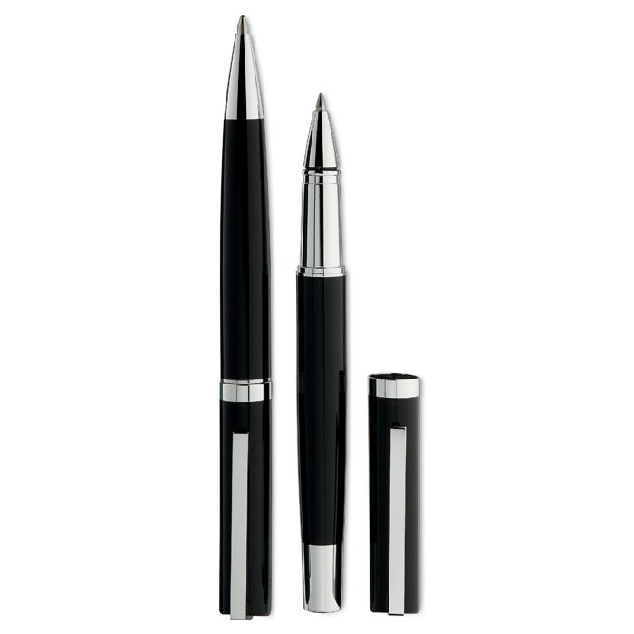 Parure stylos bille et roller personnalisée CECIL, Noir