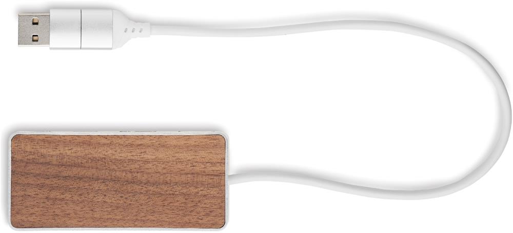 Hub USB 4 ports alu et noyer personnalisé UBAH, prise côté 1