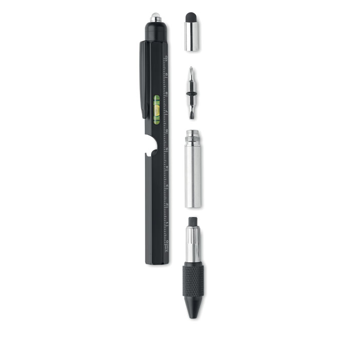 Stylo multifonction inox avec niveau personnalisé RETOOL, Noir