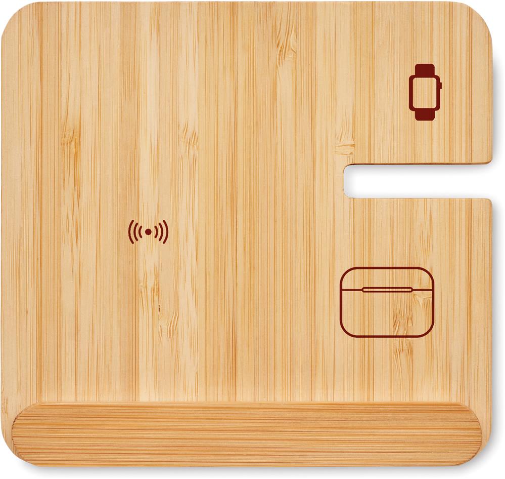 Station de charge 3 en 1 bambou 15 W personnalisée BOOGAR, devant côté 2