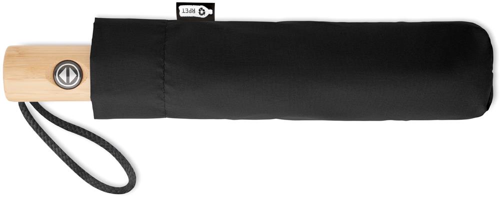 Parapluie pliant RPET poignée bambou personnalisé LEEDS, pochette