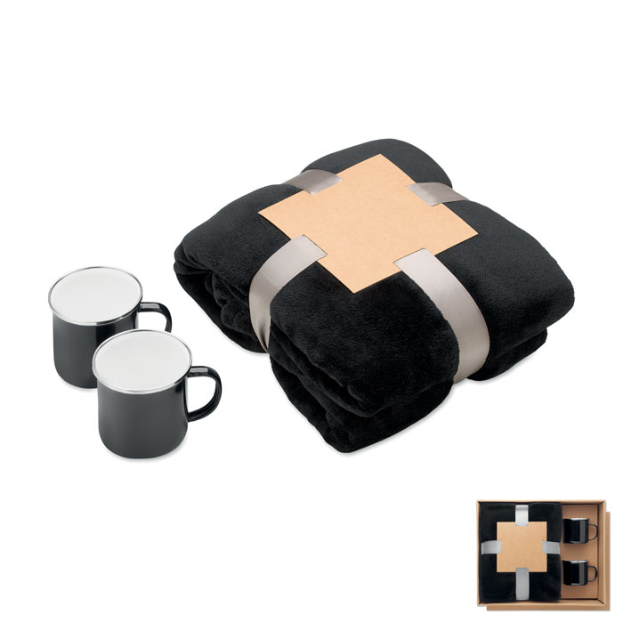 Coffret plaid et 2 mugs personnalisé AGRADABLE, Noir
