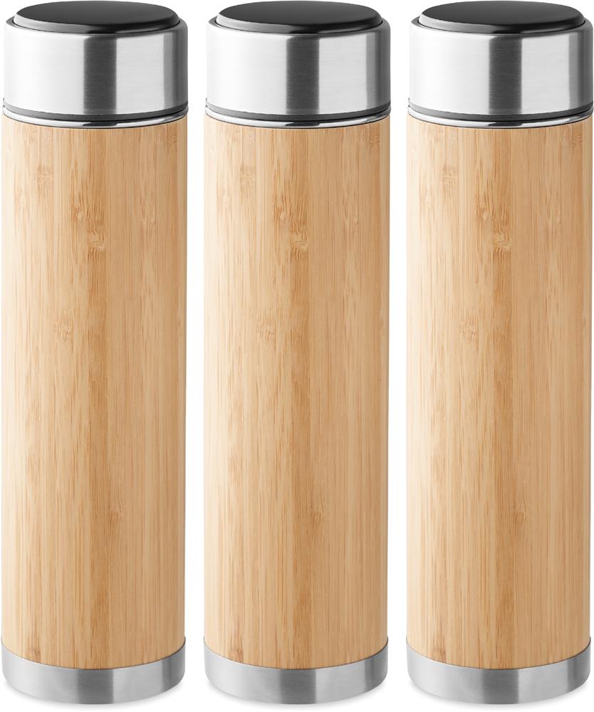 Bouteille isotherme inox et bambou personnalisée PANAY, tour complet (gravure laser 360)