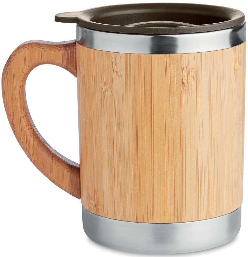 Mug isotherme inox et bambou 300 ml personnalisé MOKKA, gauche (tampographie)