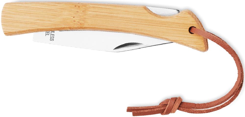 Couteau pliable bambou avec cordon personnalisé MANSAN, gauche