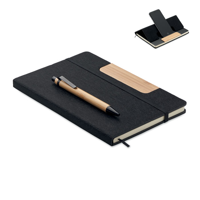 Coffret carnet A5 feutre RPET et stylo personnalisé NOTEMIX, Noir