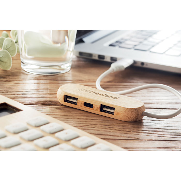 Hub USB 3 ports bambou câble 2 en 1 personnalisé VINA C